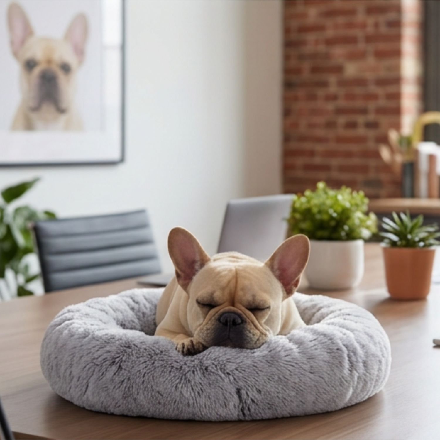 Fifi the French Bulldog asleep on her desk bed in CEO-of-Sleep mode
