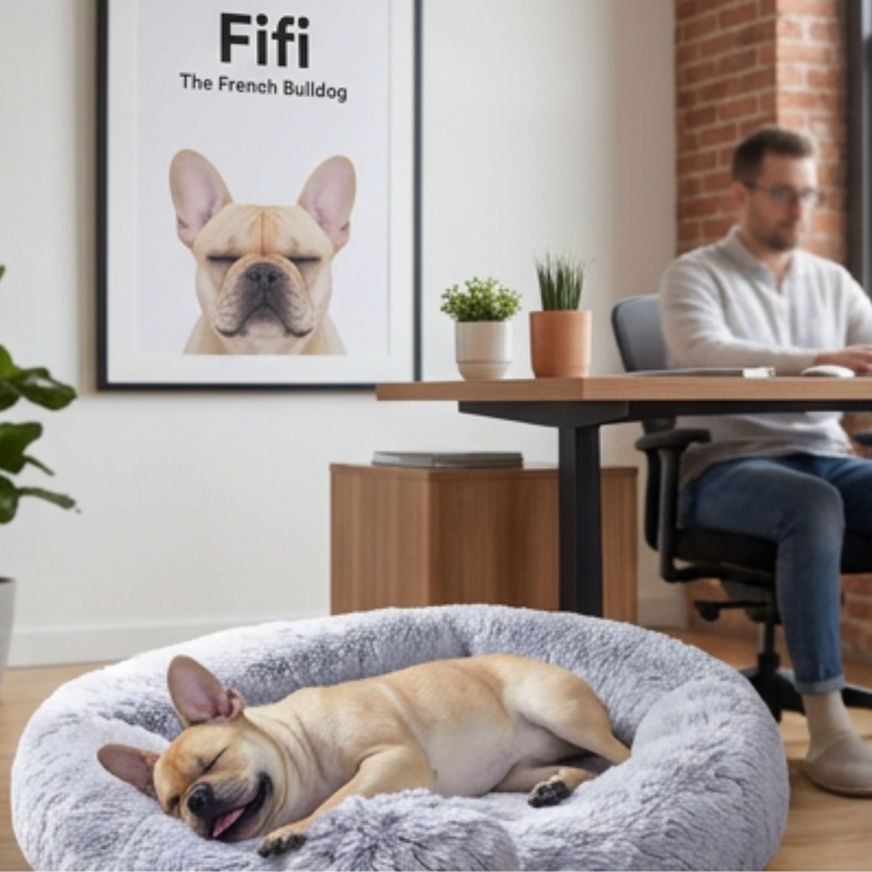 Fifi the French Bulldog sleeping peacefully in her office bed while her human actually does all the work