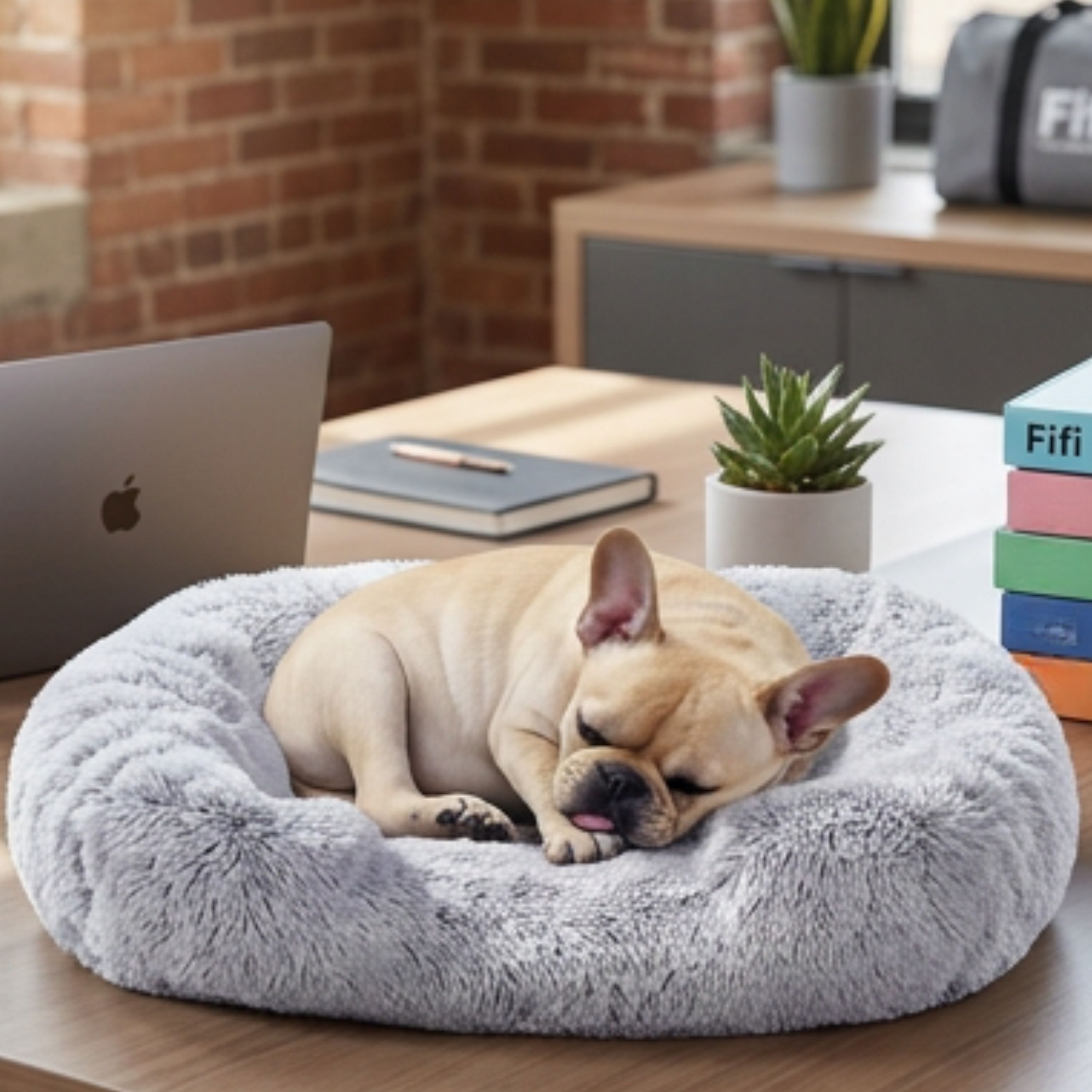 Fifi sleeping next to a MacBook and a stack of Fifi-branded books