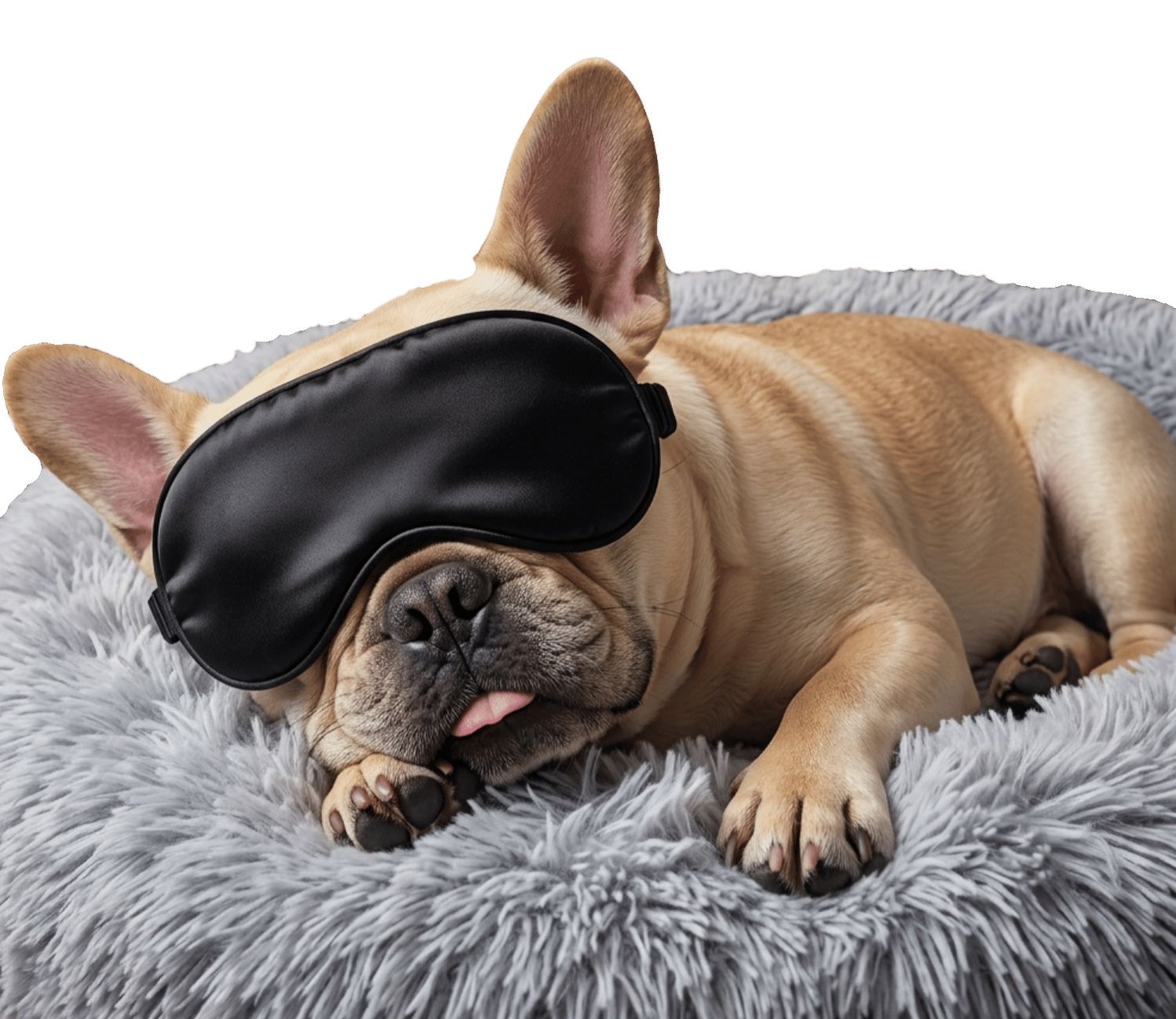 Close-up of Fifi wearing a sleep mask with her tongue out
