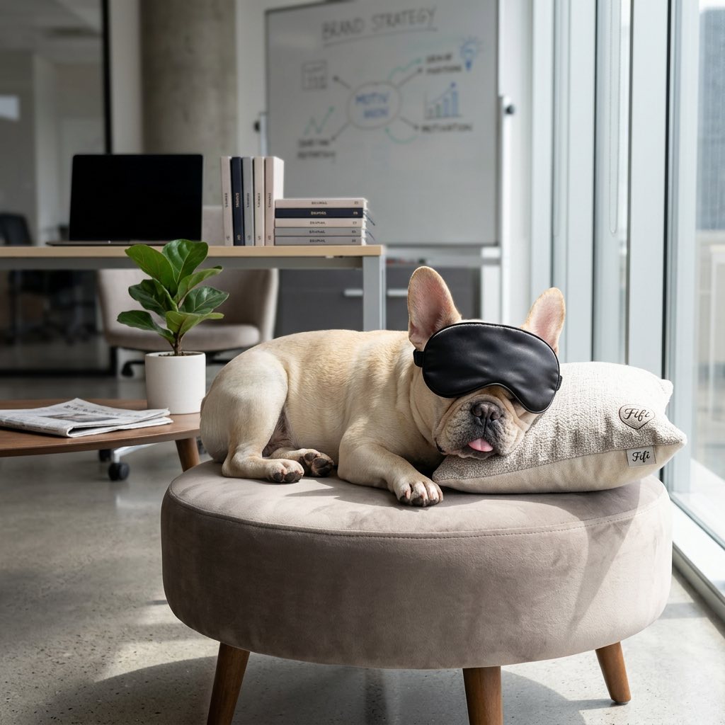 Fifi wearing a sleep mask in the office with her tongue sticking out